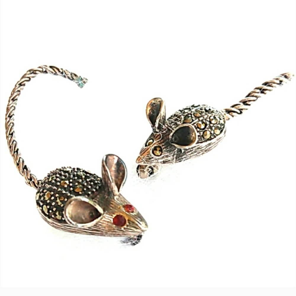 VINTAGE 925 Silver w Marcasites Mouse Scatter Pins